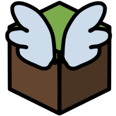 a Minecraft grass block with two little light grey wings in front of it.